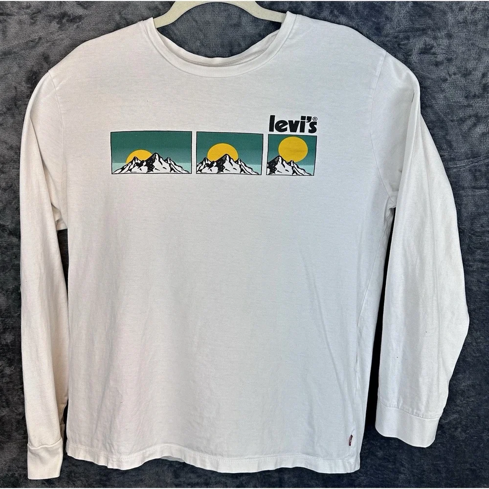 Levi's Men's Size L White Long Sleeve Crew Neck Graphic Logo Cotton Knit Tee